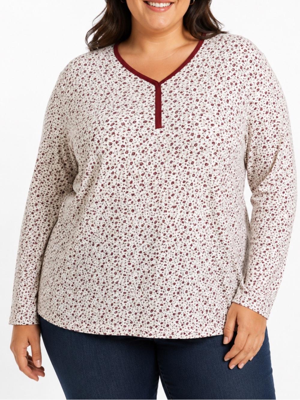 Plus Size maroon white floral print 100% cotton long sleeve tee size 3XL